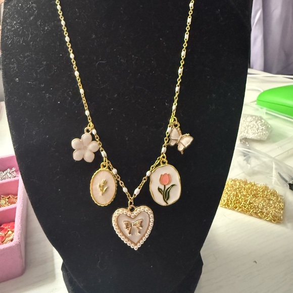 Hand Made, 18k Gold Plated Charm Necklace with Floral Accents - Picture 4 of 4